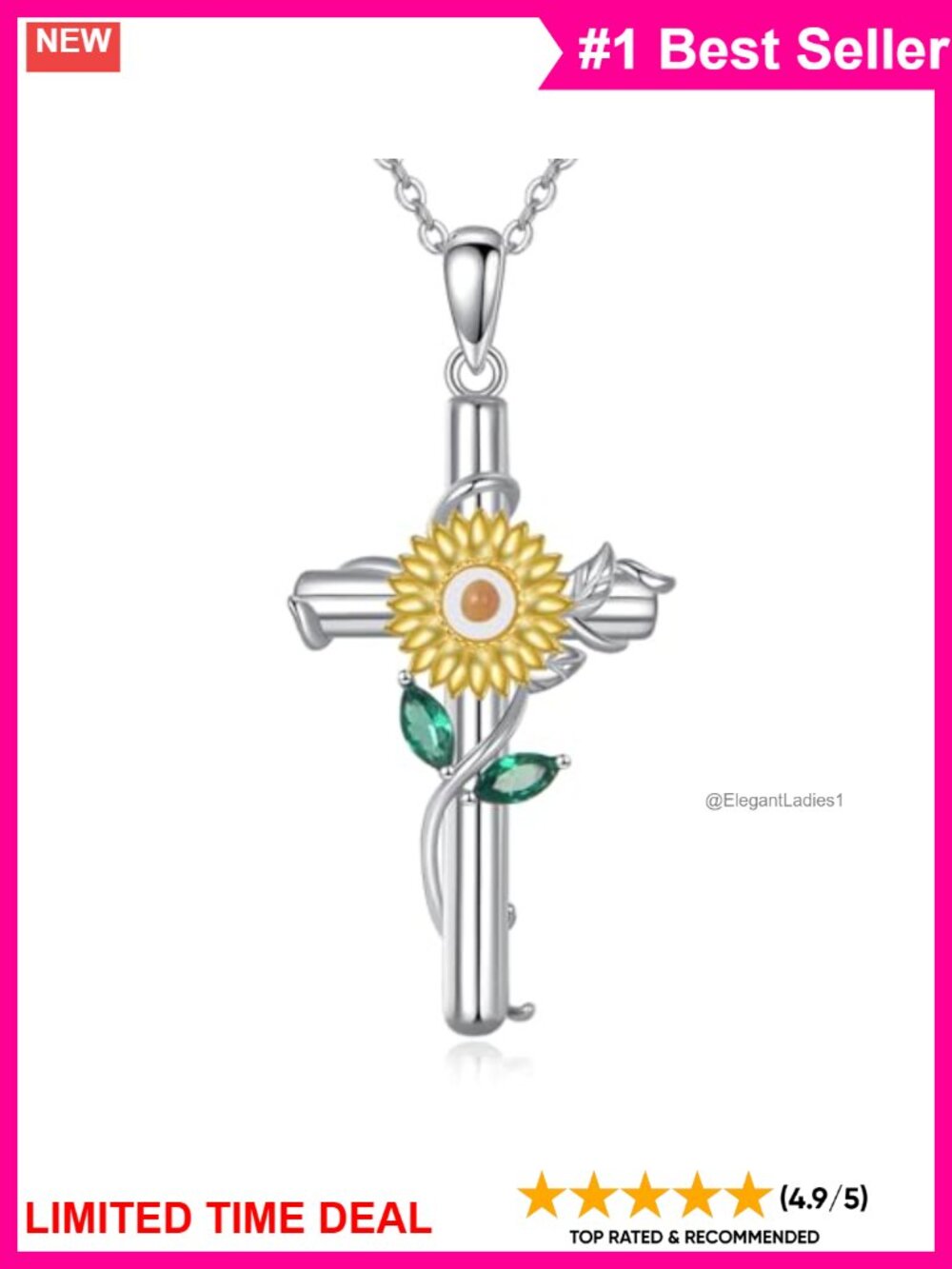 Platinum Plated Sunflower Cross Mustard Seed Pendant Necklace 18"